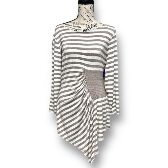 ECI NY Metallic Stripe Asymmetrical Pleated Top Beige Feminine Minimalist Size L - Picture 2 of 7